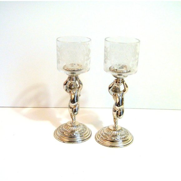 Pairpoint Silver Plate Cherub Votive Holders with Etched Glass PAIR - Picture 9 of 9